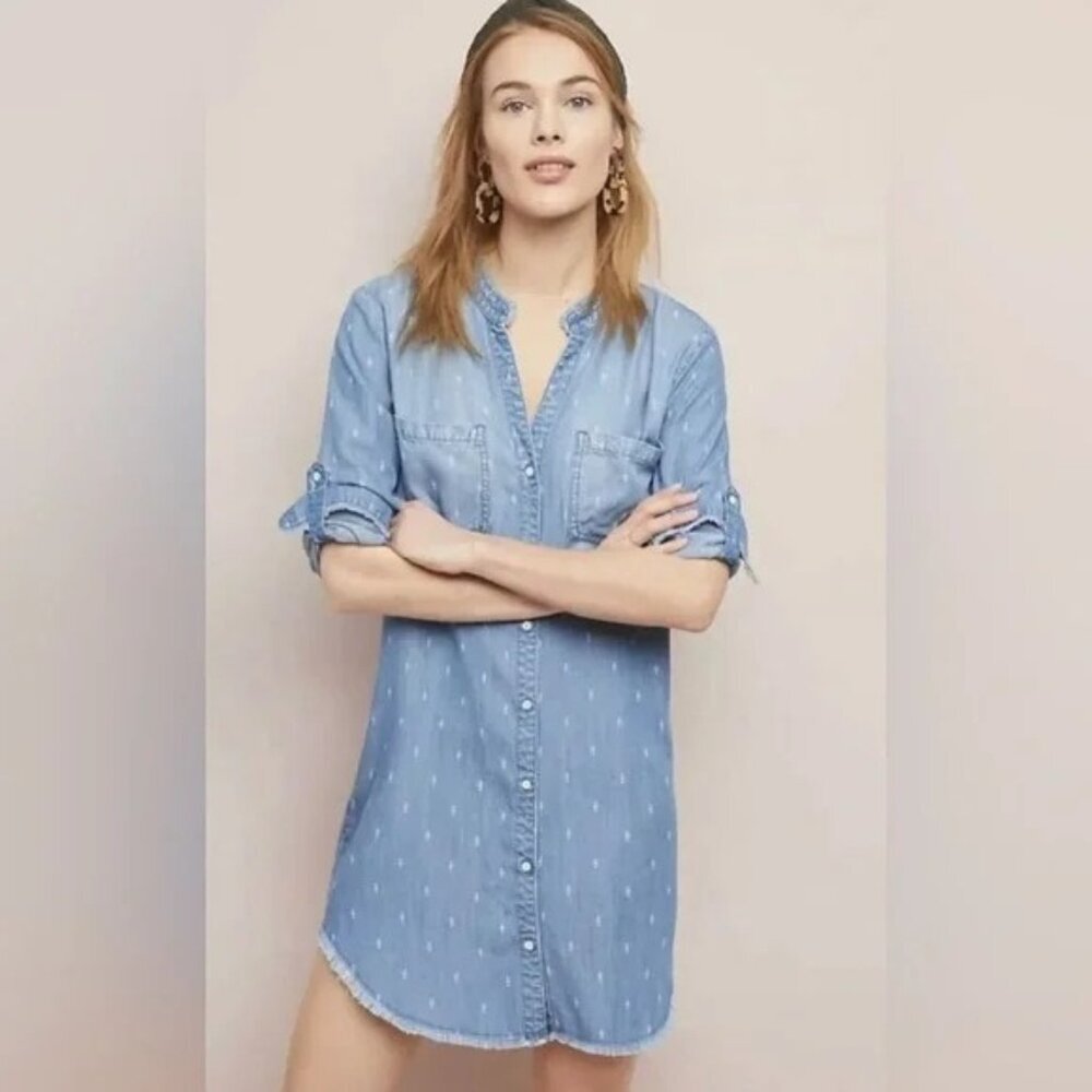 ANTHROPOLOGIE Thread & Supply Long-Sleeve Frayed-Hem Chambray Shirt Dress Large
